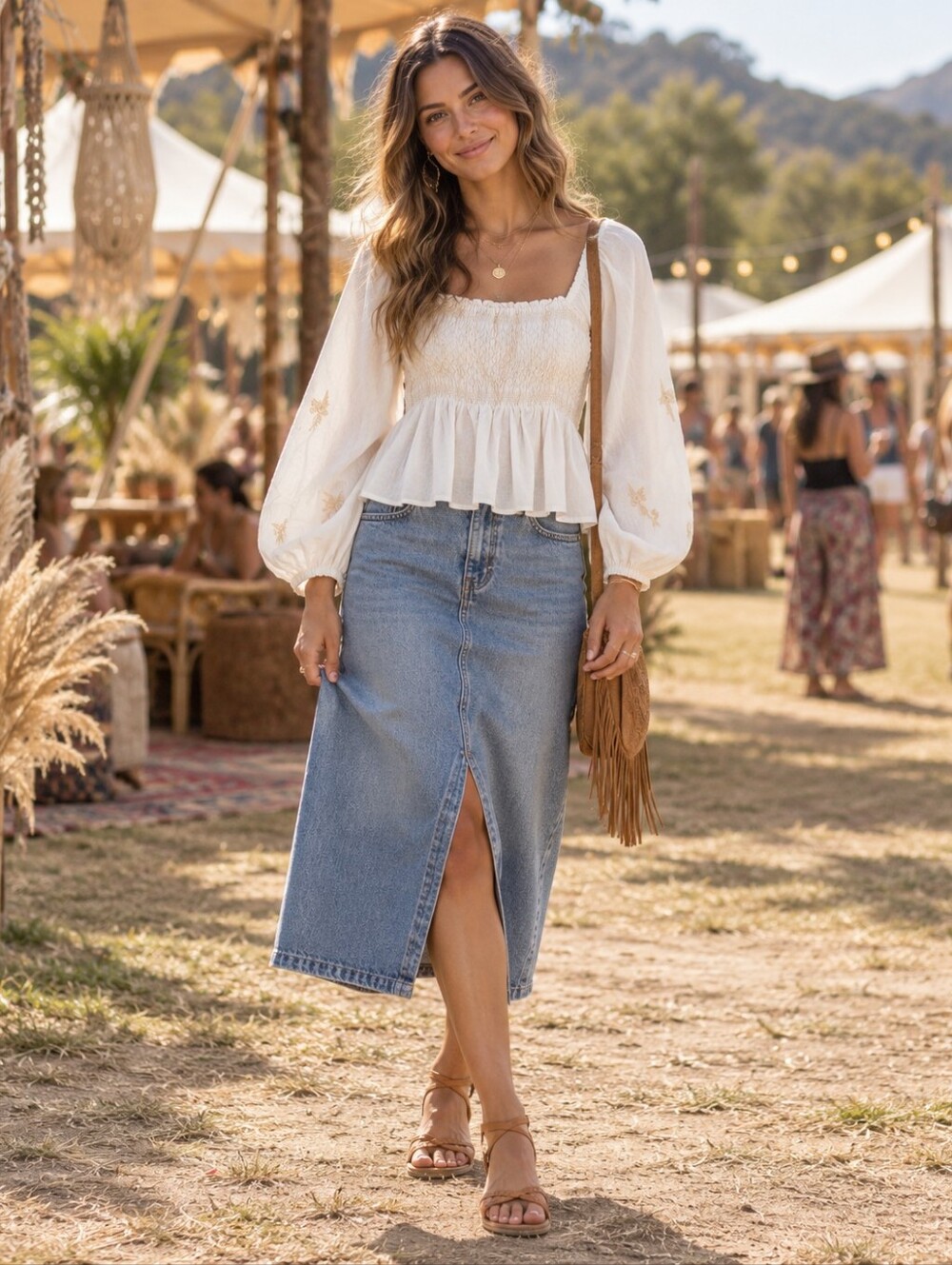 Auguste The Label Embroidered Balloon Sleeve Top Cottagecore Boho Women's US 8